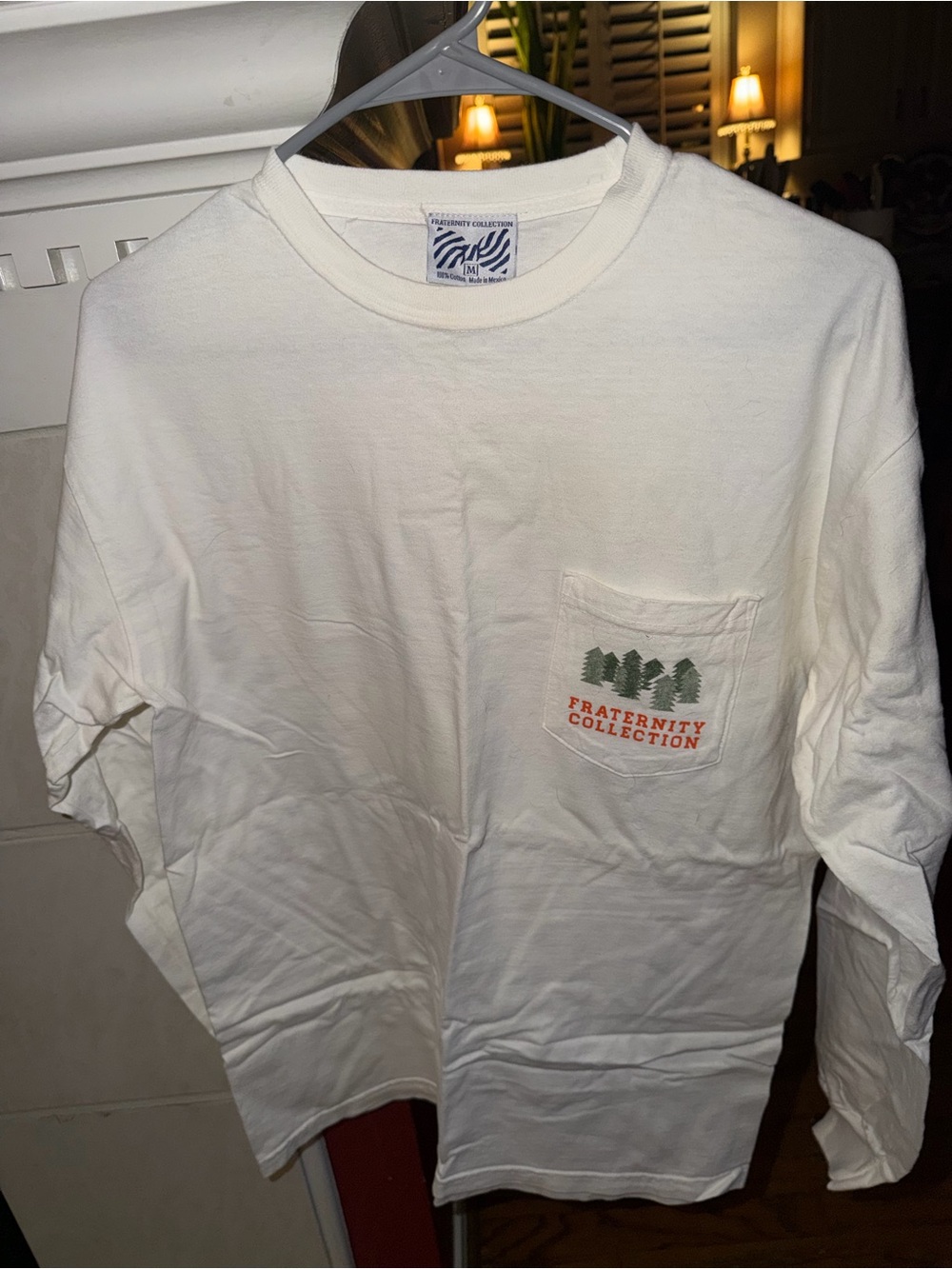 Fraternity Collection White Long-Sleeve Pocket Tee with Green Tree Graphic